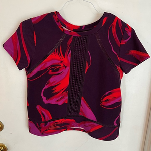 Worthington Purple Red Abstract Floral Short-Sleeve Embroidered Textured Top, PS